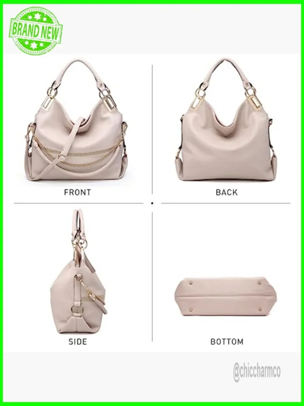 Large Vegan Leather Hobo Tote with Rhinestone Accents, Adjustable Strap